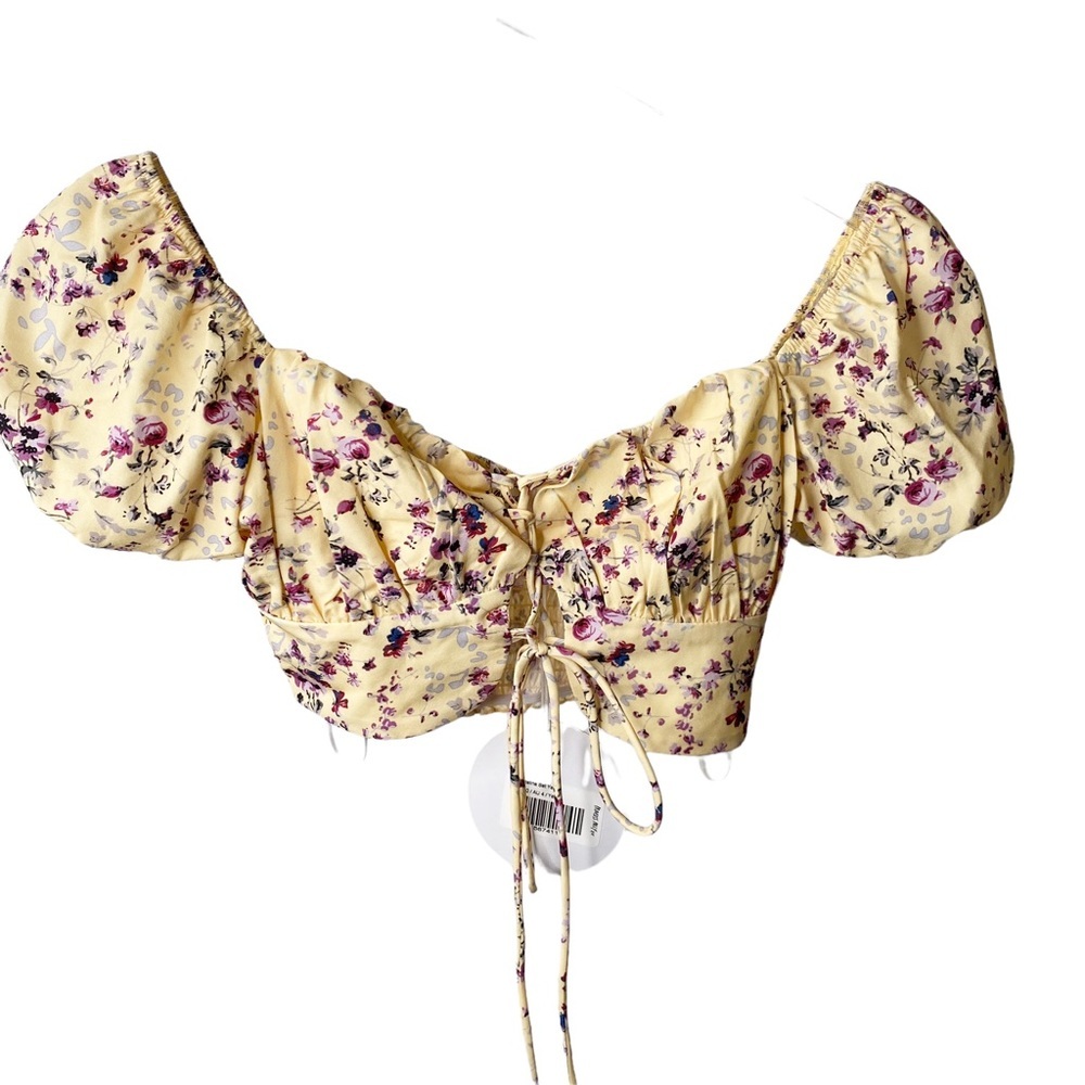 NWT Princess Polly Catalina Set Yellow Floral Corset Puffy Sleeve Crop Top Sz. 0